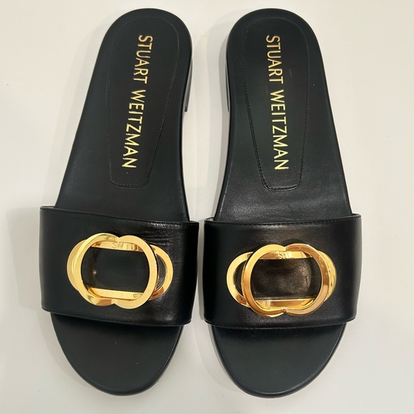 Stuart Weitzman Black and Gold Leather Women's Slides - Picture 1 of 4